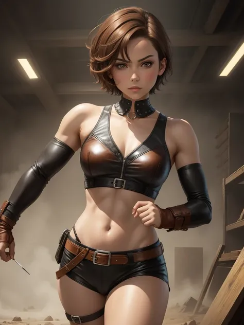 Digital art style, looking at the audience, whole body, The art of math, 1 girl, alone, short hair, brown hair, brown eyes, tons, fit, Strong, fighter, Theft and leather clothing, fantasy