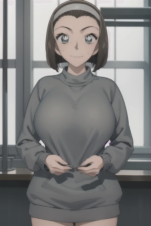 highest quality, (masterpiece:1.2), 
1 girl, alone, closed mouth, smile,
brown hair、short bob、hair band、I can see the forehead, (huge breasts)
(Oversized grey sweatshirt、Oversized grey sweatshirtのボトムス)
Are standing, looking at the viewer,I can see the whol...