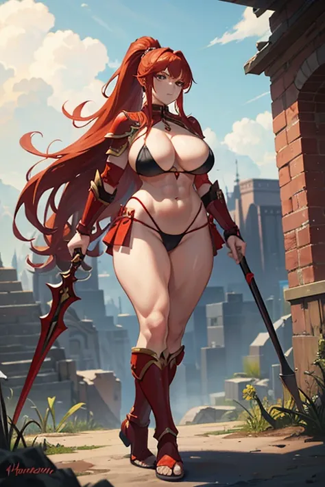 amazon, long red hair, ponytail, curvy, wide hips, huge breasts, bikini armor, abs, full body, big spear