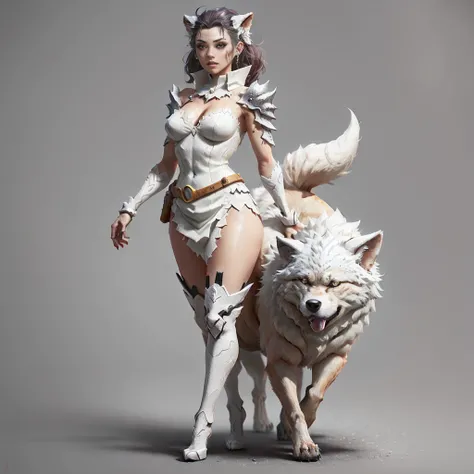 a woman in a white dress and a wolf on a gray background, female anthropomorphic wolf, fantasy character concept, video game character concept, complex fantasy character, fantasy character design, fantasy character, hyperdetailed fantasy character, heroic ...