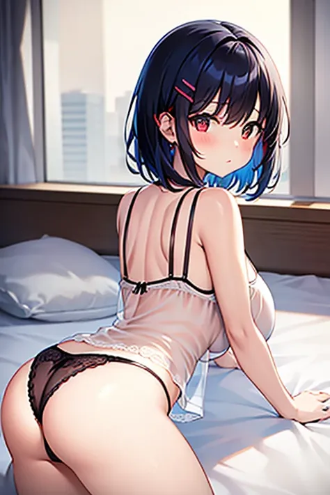 NFSW、masterpiece、Highest image quality、ultra high resolution、Elementary school girl with big breasts、red and large eyes,、Black hair medium shorthair、The inside of the hair has blue coloring.、(Two red hairpins)、Elementary school girl&#39;s see-through camis...