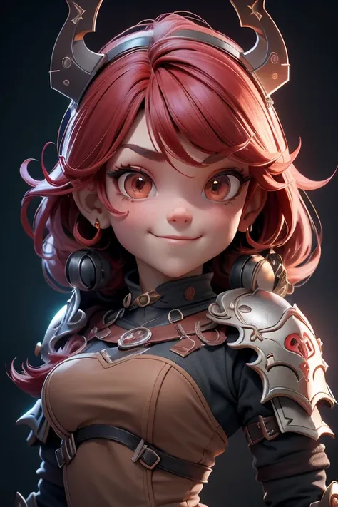 Hermosa cabeza femenina vikinga, pelo rojo, disfraz de guerrera vikinga, en globo de nieve, sonrisa suave, Lindo retrato de cuerpo entero, figura esbelta de pie, Personaje de dibujos animados, personaje de pixar, medieval, Renderizado 3D, symatic lighting,...