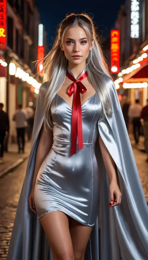 (RAW Photo) , (highly detailed:1.20) , ultra realistic :1.10) , gorgeous girl in her 20s , (perfect face:1.20) , (detailed red eyes:1.20) , with long silver hair in ponytail , (((long silver satin cape tied at the neck with a ribbon :1.20))) , silver minid...