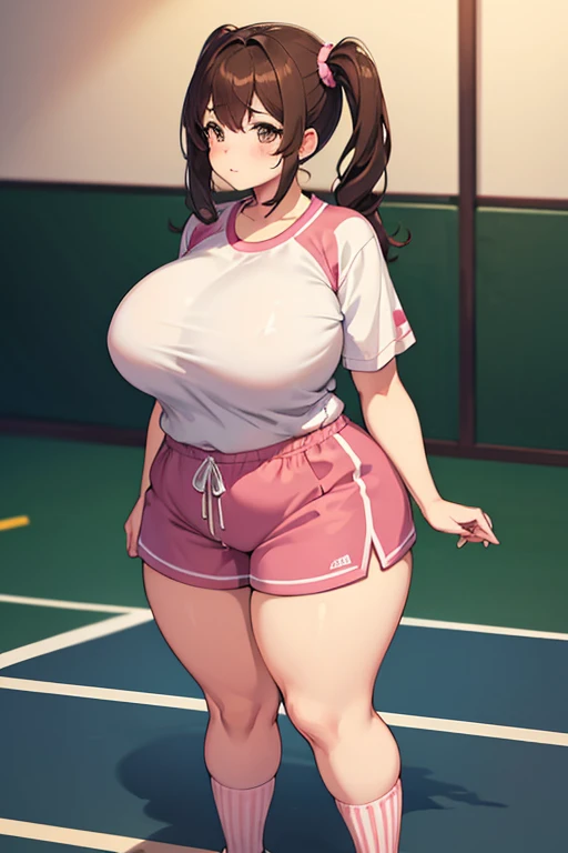 chubby girl, brown hair, twintails hairstyle, curvy, wide hips, huge breasts, plump, full body, shortstack, short shorts, pink tennis, long stripes socks, 