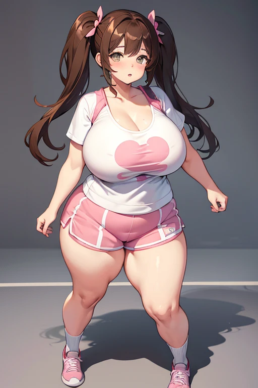 chubby girl, brown hair, twintails hairstyle, curvy, wide hips, huge breasts, plump, full body, shortstack, short shorts, pink tennis, long stripes socks, 