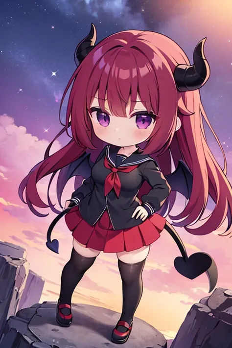 1 woman,grean back ground,red hear,long hear,purple eyes,devil horns,devil wings,big breasts,,devils tail, short skirt,standing,full body,sailor suit,high resolution,Landscape, black socks,long sleeve,anime,chibi