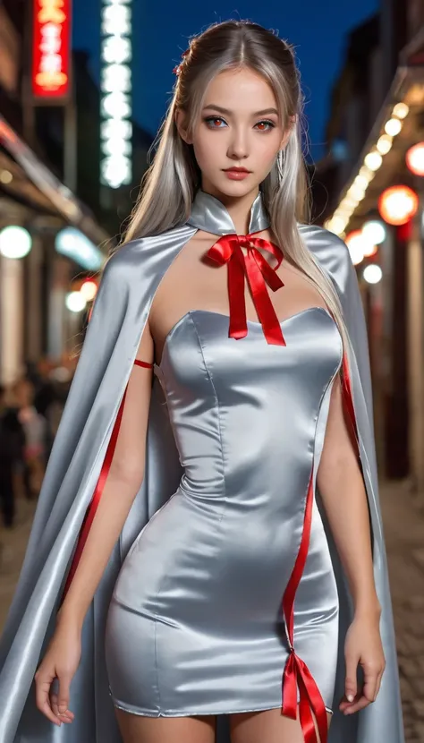 (RAW Photo) , (highly detailed:1.20) , ultra realistic :1.10) , gorgeous girl in her 20s , (perfect face:1.20) , (detailed red eyes:1.20) , with long silver hair in ponytail , (((long silver satin cape tied at the neck with a ribbon :1.20))) , silver minid...