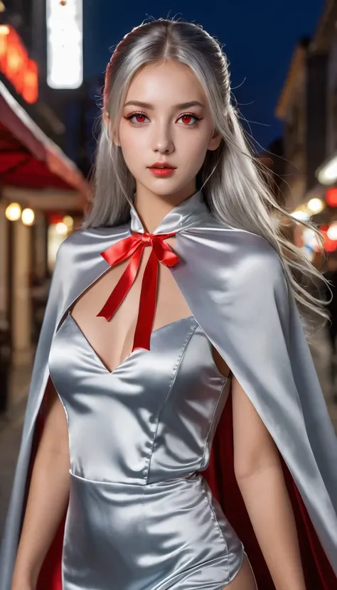 (RAW Photo) , (highly detailed:1.20) , ultra realistic :1.10) , gorgeous girl in her 20s , (perfect face:1.20) , (detailed red eyes:1.20) , with long silver hair in ponytail , (((long silver satin cape tied at the neck with a ribbon :1.20))) , silver minid...