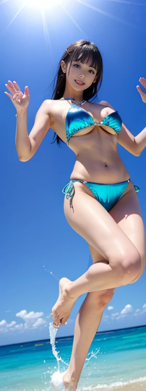 highest quality、 High resolution、 perfect details、24 years old、7-Head Sexy Beauty、 Beautiful and pretty girl、 laughter、 Metallic Ocean Blue Mini Maikurobikini、 long and beautiful legs、 (raise your hand:1.2)、(jump:1.1)、(underboob:1.3)