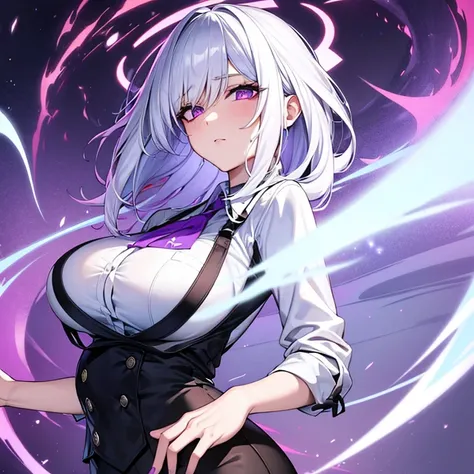 a beautiful woman with white hair with burning purple eyes with eyes and a cold gaze in work clothes