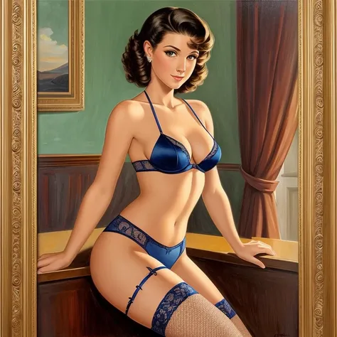 A sensual Rachel Cook, wearing stockings, garter, and white lacy lingerie, topless, medium naked breasts, cleavage.   Full body portrait, pin-up painting from the 50s, in the art style of Alberto Vargas, award-winning, masterpiece  