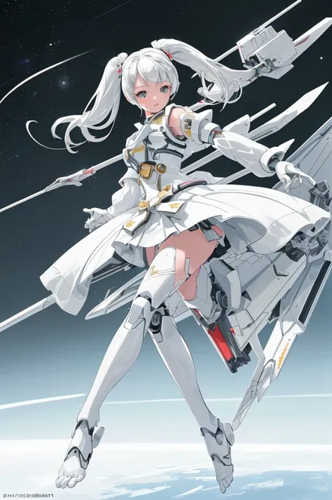 High resolution, high resolution, high definition, 8k. Perfect face.perfect feet perfect hands, perfect feet,A-Mecha Musume.1 girl.solo,white paper,twin tails,long, carrying a spear;Outside the spaceship, background space,