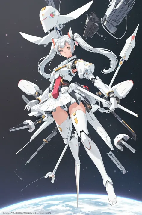 High resolution, high resolution, high definition, 8k. Perfect face.perfect feet perfect hands, perfect feet,A-Mecha Musume.1 girl.solo,white paper,twin tails,long, carrying a spear;Outside the spaceship, background space,