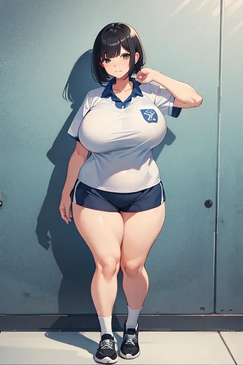 chubby girl, black hair, short bob cut hairstyle, curvy, wide hips, huge breasts, plump, full body, shortstack, blue short shorts, tennis, white socks, gym uniform