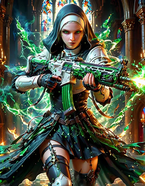 (nun in beautiful church:1.6)，holding assault rifle，Green magic element，green fire，Fantasy fairy tale background，fear，bloody，Ultra HD animation，Beautiful animation，Neon lights，(Liquid light background)，(UHD, masterpiece, ccurate, anatomically correct, text...