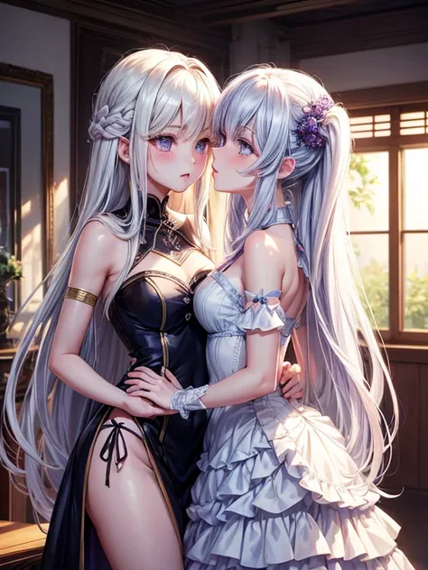 Anime - styled image of two women in a room with windows, kiss together cutely, kiss together, kiss each other, nice kiss, small details. two beautiful anime girls, white hair, purple eyes, shining eyes, cute, cute, digital art, finelyed eyes, embarrassed ...