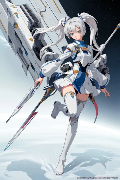 High resolution, high resolution, high definition, 8k. Perfect face.perfect feet perfect hands, perfect feet,A-Mecha Musume.1 girl.solo,white paper,twin tails,long, carrying a spear;Outside the spaceship, background space,