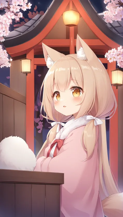 1 girl, , long hair, low twin tails, fuzzy twin tails, light brown hair, fox ears, animal ear fluff, Fox Eyes, cherry blossoms, spring,night, light up、portrait, whole body、shrine、Red and white collar、cherry blossoms吹雪、Fluffy、fox tail