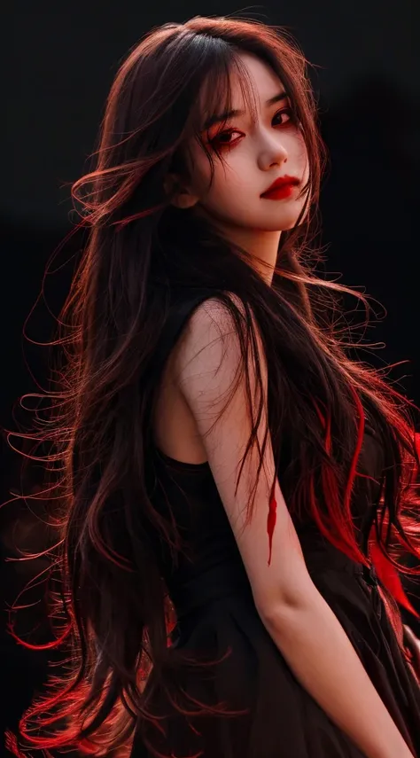 high quality, 最high quality, masterpiece, Beautiful woman, detailed portrait, upper body close-up, long hair, floating hair, Blood sky, Red Moon, red eyes, shining eyes,(black background:1.3), Blood,