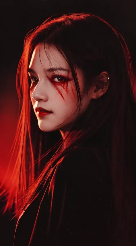 high quality, 最high quality, masterpiece, Beautiful woman, detailed portrait, upper body close-up, long hair, floating hair, Blood sky, Red Moon, red eyes, shining eyes,(black background:1.3), Blood,