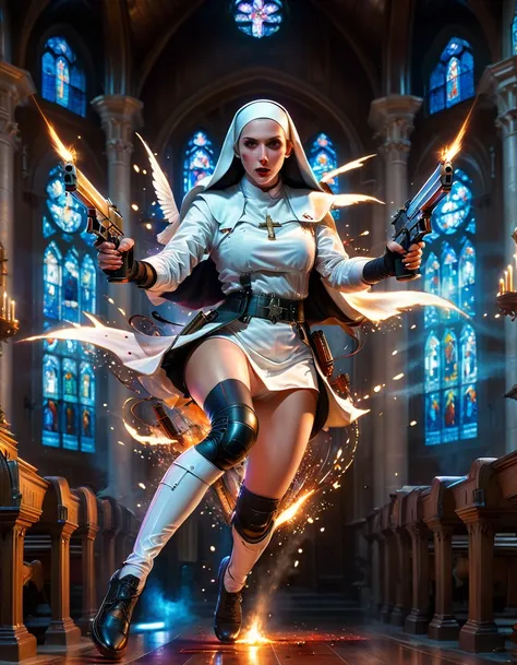 (nun in beautiful church:1.6)，Point your Desert Eagle pistol at you with both hands，Fantasy fairy tale background，fear，bloody，Ultra HD animation，Beautiful animation，Neon lights，(Liquid light background)，(UHD, masterpiece, ccurate, anatomically correct, tex...