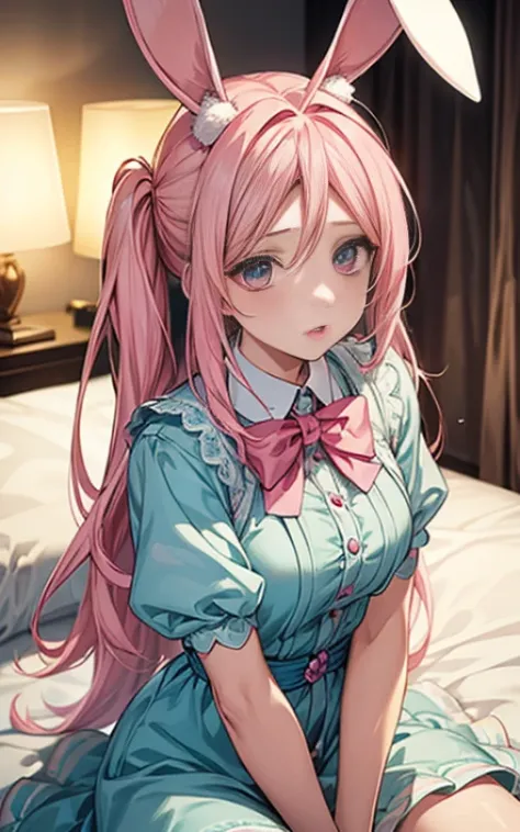 {{masterpiece}}，highest quality，Highly detailed CG Unity 8K wallpaper，one woman，movie lighting，lens flare glow, perfect style, perfect body, clear beautiful eyes, long eyelashes, Anime girl with pink hair and rabbit ears is sitting on the bed。, pink twinta...