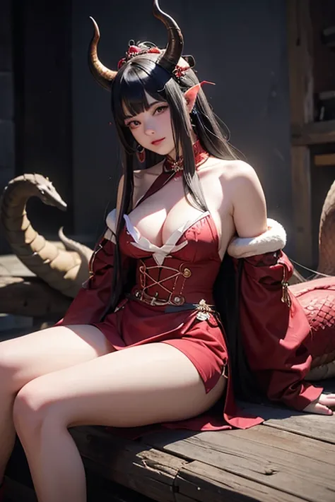 Dragon woman (garota monstro) Dragon Girl　isekai　lolita cabelo vermelho enrolado fofo. horns on head dragon tail exposed fantasy　botas longas　fantasia medieval　　attraction middle ages　sexual harassment　bonitinho　palace of dragons style basement action　Aume...