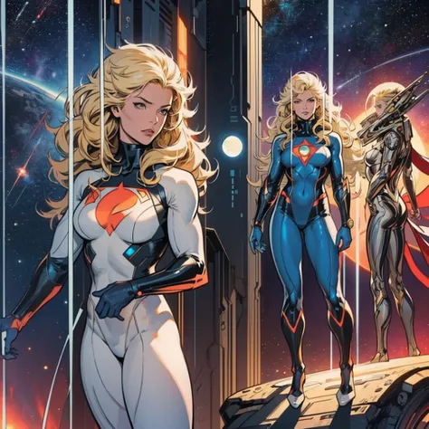 best quality, masterpiece, woman space super hero, beautiful face,full body,hi-tech armour over silver latex suit, long curly blonde hair,in deep space, with several planets and suns in the background