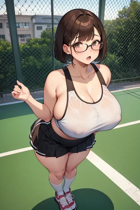 chubby girl, brown hair, short bob cut hairstyle, curvy, wide hips, huge breasts, full body, tennis, white socks, sport bra, embarrased expression, glasses