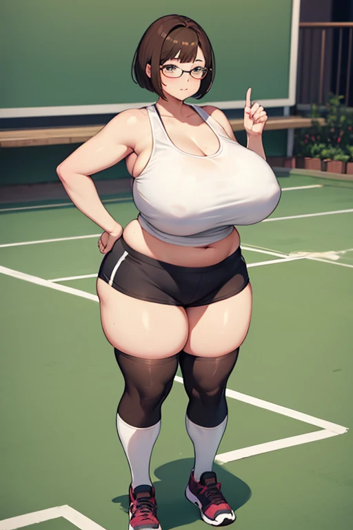 chubby girl, brown hair, short bob cut hairstyle, curvy, wide hips, huge breasts, full body, tennis, white socks, sport bra, embarrased expression, glasses