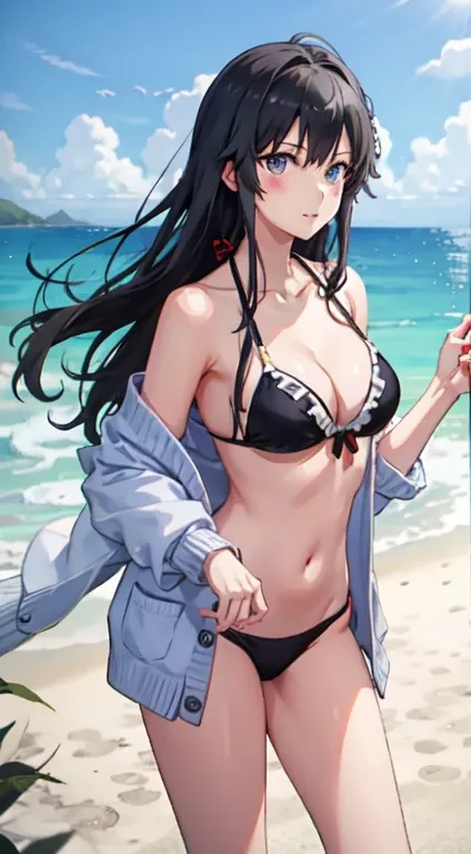 yukino yukinoshita, long hair, cleavage, belly button, slim legs, black hair, blue eyes,  White side-tie bikini, beach, cardigan, Teenage body