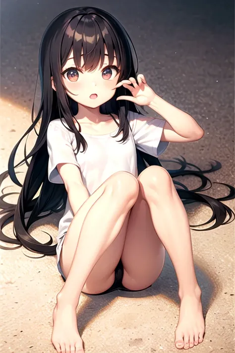 、、young、long hair、black hair、small、Big eyes、lying down、barefoot、short sleeve、black eye、cute、legs open