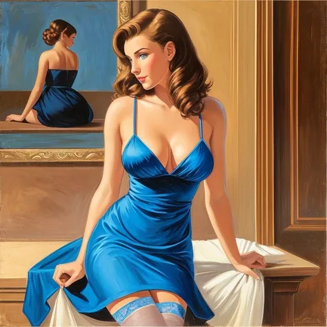 A sensual Rachel Cook, standing, leaning forward,  (((wearing a loose fitting short sundress, stockings, garter))), medium breasts, cleavage.  No panties, legs spread,(((Bright blue eyes))).  Full body portrait, pin-up painting from the 50s, in the art sty...