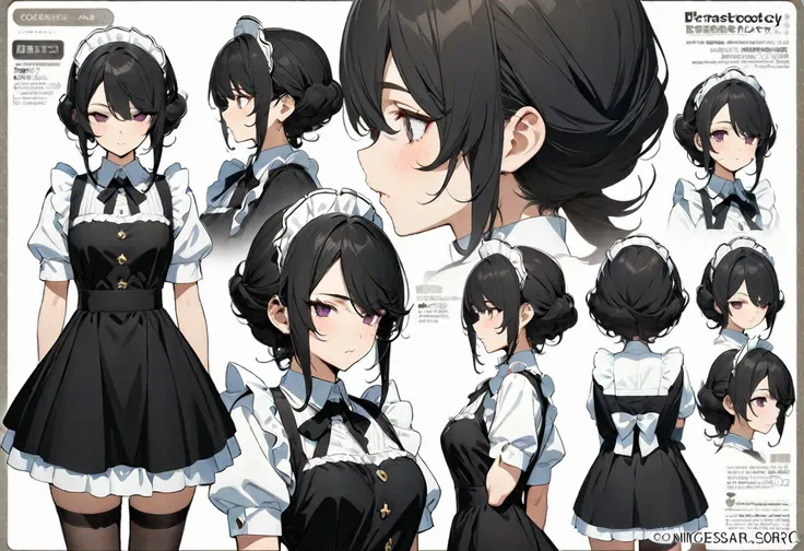 (masterpiece, highest quality, highest quality, official art, Cosmetology and aesthetics: 1.2), A cross-dressing boy with shoulder-length black hair and a short skirt wearing a maid&#39;s uniform、Cute, delicate and short、Front, back and side view、three vie...