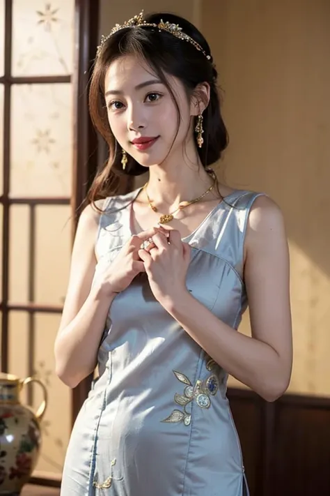 ((best quality)), ((masterpiece)), (detailed), perfect face、Enchanted body

((Satomi Ishihara、best proportions、Satomi Ishihara、semi-long、cheongsam、hair ornaments、ancient chinese hairstyle、earrings、China Hairstyle、Engagement Rings、necklace、bangles、黒cheongsa...