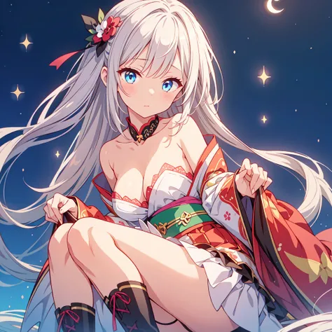 Star Fairy、(masterpiece, best quality), 1girl, sitting on the crescent moon、「A beautifully printed galaxy patterned kimono and gothic lolita outfit.、Space pattern box pleated mini skirt with ruffles、Front view portrait、Knee-high boots、enchanting eyes、Perfe...