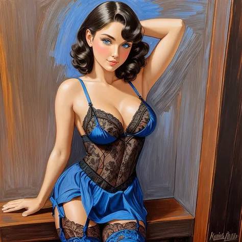 A sensual Rachel Cook, standing, leaning forward,  (((wearing a loose fitting short sundress, black lacy stockings, garter))), medium breasts, cleavage.  No panties, legs spread,(((Bright blue eyes))).  Full body portrait, pin-up painting from the 50s, in ...