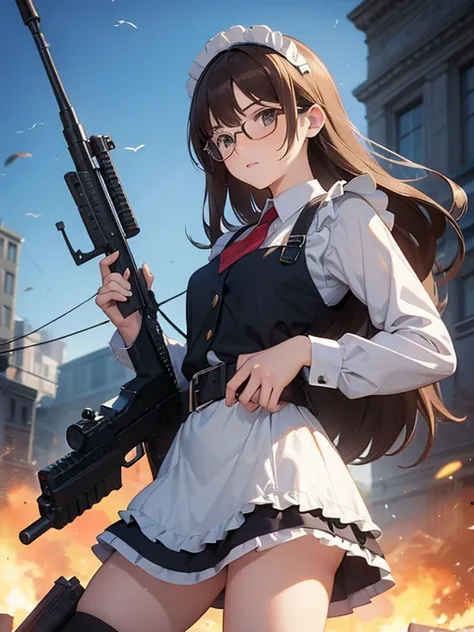 girl　maid clothes　glasses　brown hair　medium long hair　anti-tank rifles　rocket launcher　assault rifle