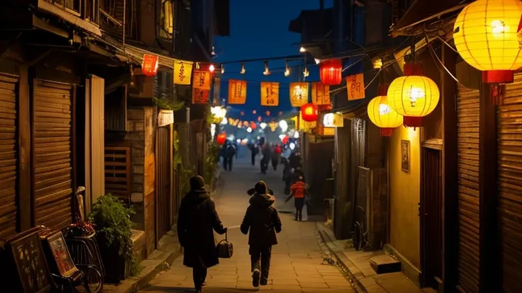 people are walking down a set of stairs with lantern hanging from them, street lantern glow, street lantern are shining, tea drinking and paper lantern, hanging lantern, like jiufen, evening lantern, evil spirits roam with lantern, street lantern, Warm lan...