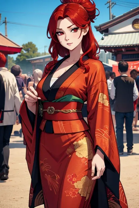 A red haired woman with red eyes with an hourglass figure in a conservative traditional kimono is posing in a festival
