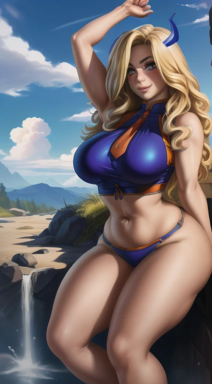 (best quality:1.3), mount lady style,  (4K quality),  ((detailed face)),((smile)), ((curvy body)), (big breasts), sexy, (( long hair )), ((blue sky)), ((leaning forward)), looking at viewer, necktie, blond hair  hair, 1girl, arm strap, arm up, bare shoulde...