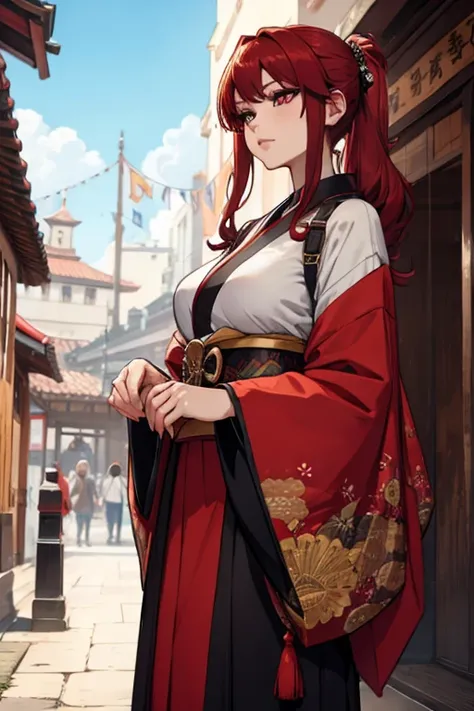 A red haired woman with red eyes with an hourglass figure in a conservative traditional kimono is exploring in a festival
