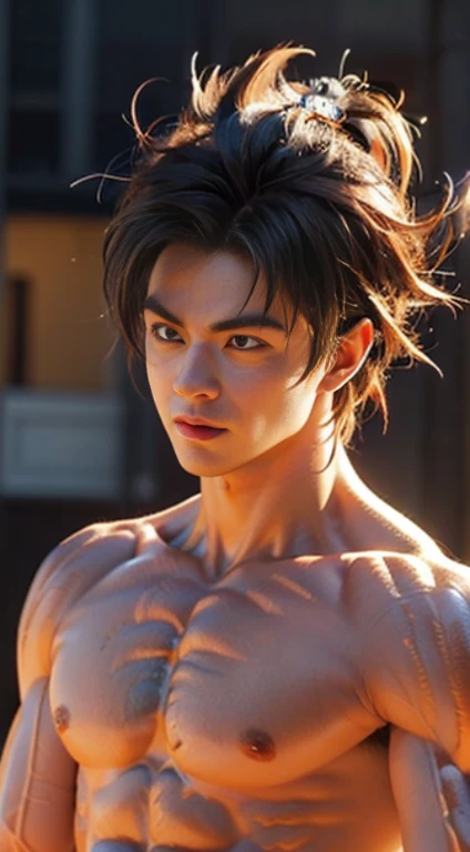 Goku dragon ball z，Naked upper body，musculature，Black hair，brown eyes, serius face，Handsome boys，