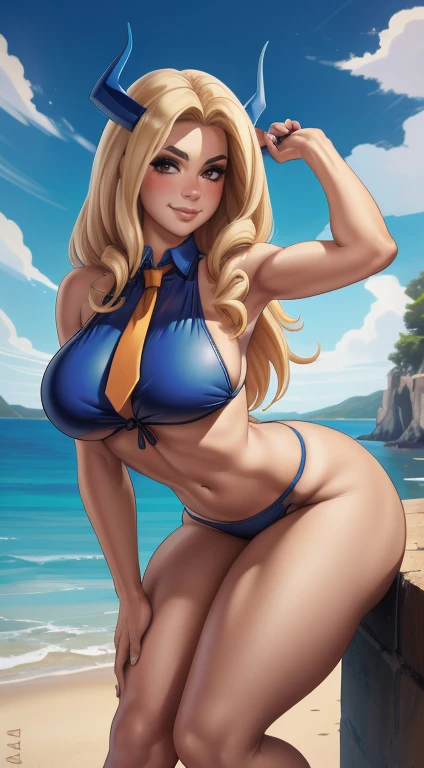 (best quality:1.3), (4K quality),  ((detailed face)),((smile)), ((curvy body)), (big breasts), sexy, (( long hair )), ((blue sky)), ((leaning forward)), looking at viewer, necktie, blond hair BLOND  hair, 1girl, arm strap, arm up, bare shoulders, beachs, b...