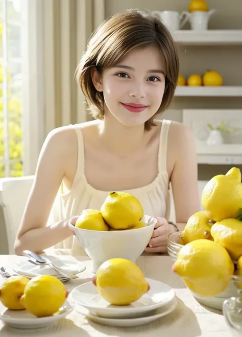 17 year old beautiful girl、Highest image quality、realistic、16K、beautiful woman、pixie cut、slim、lemon colored clothes、White room、at the dining table、Many large lemons on the table、Eating lemon、smile