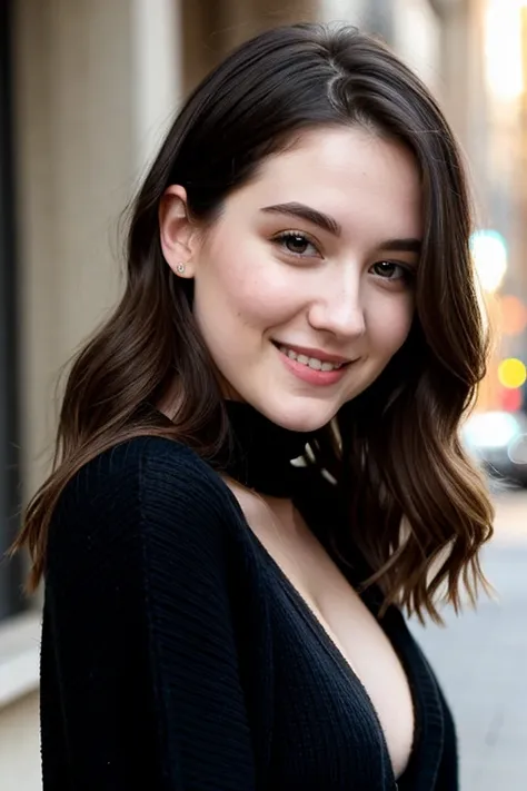 instagram photo, closeup face photo of 23 y.o Chloe in black sweater, cleavage, pale skin, (smile:0.4), hard shadows