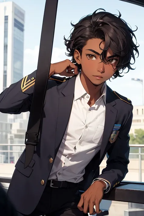 "A 16-year-old teenage boy with dark brown skin, short black curly hair, and brown eyes. He wears a uniform consisting of a white shirt with a collar, black pants, and a dark blue blazer