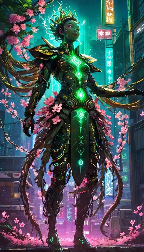 Cyberpunk Treeman，metal leaf，Wired branch，Shining light-eye mechanical body parts，tribal leather skirt，ancient tribal markings，king&#39;posture，Control the tentacles that extend from the arms，Neon lights dancing on my body，Electricity crackles around branc...