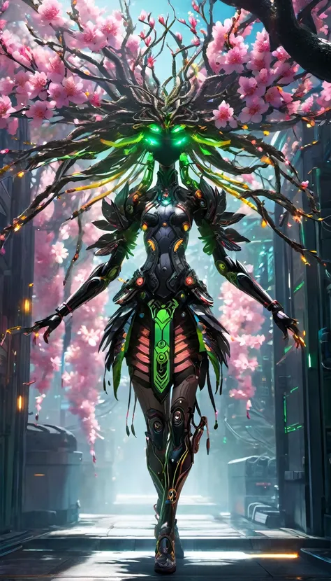 Cyberpunk Treeman，metal leaf，Wired branch，Shining light-eye mechanical body parts，tribal leather skirt，ancient tribal markings，king&#39;posture，Control the tentacles that extend from the arms，Neon lights dancing on my body，Electricity crackles around branc...