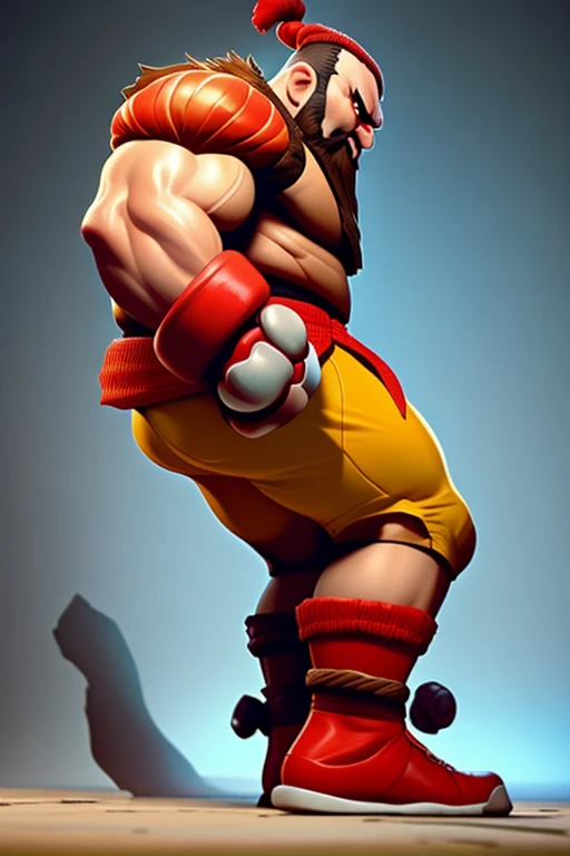 Crie o Personagem ((( zangief do Street Fighter 6  ))), posando para fotografias. Photography Angle View from below . Fotografia de Corpo Completo.